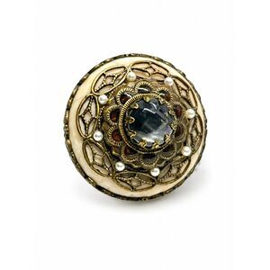 VICTORIAN REVIVAL RING Filigree Brass Faux Pearl Statement Cocktail Olipop 6